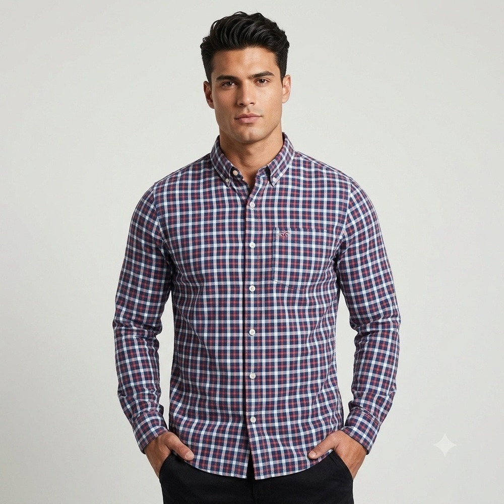 Hollister Button Down Shirt Men XL Navy Blue Red Plaid Long Sleeve Logo Woven